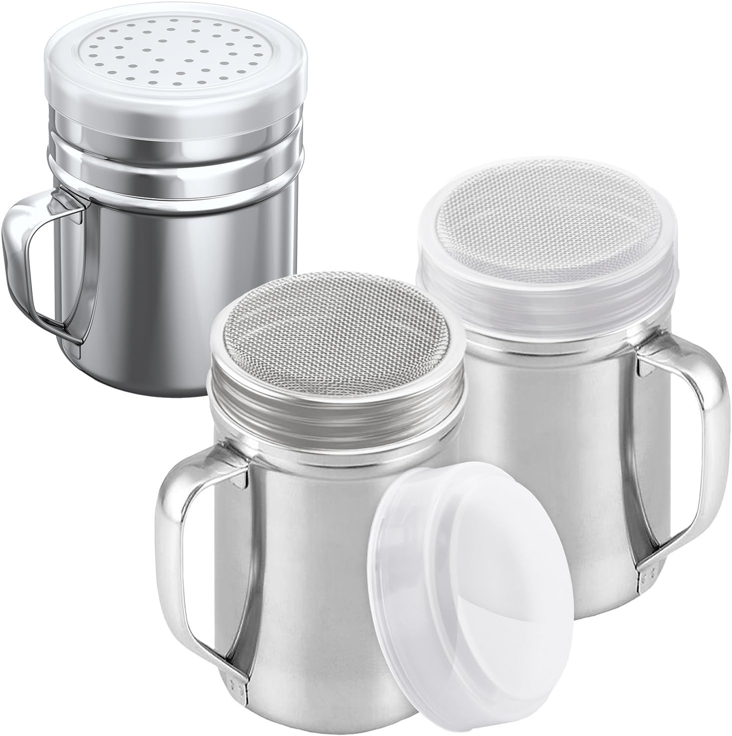 [2-pcs] 14oz Large Powdered Sugar Shakers (ine Mesh) + [1-pcs] 10oz Stainless Steel Salt Pepper Dredge Shaker - with Plastic Caps & Handles Bundle