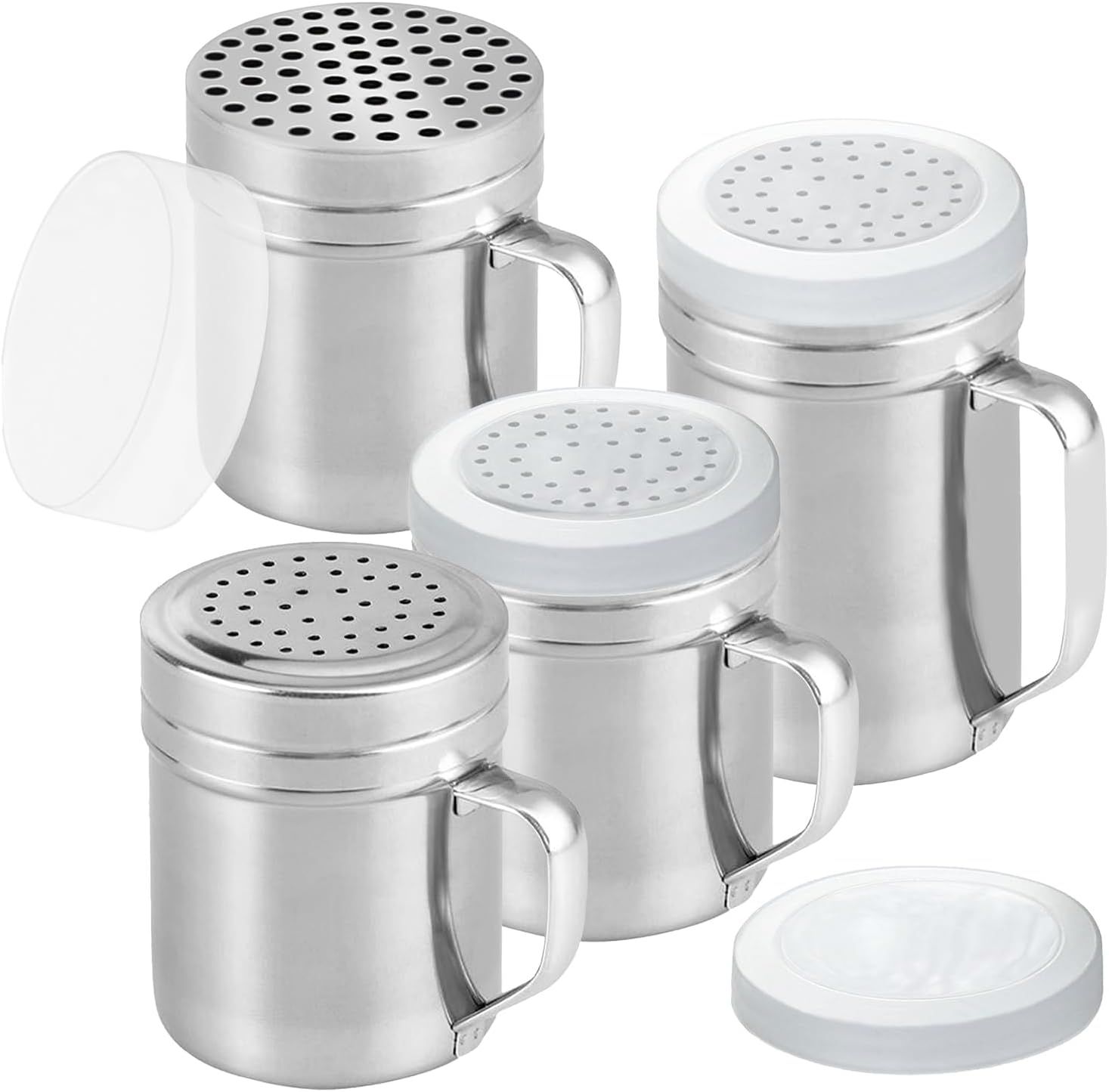 2 Stainless Steel Salt & Pepper Dredge (10 + 14 oz) + 10 ounce Metal Parmesan Cheese Shaker (Large Holes) - with Plastic Caps & Handles Bundle