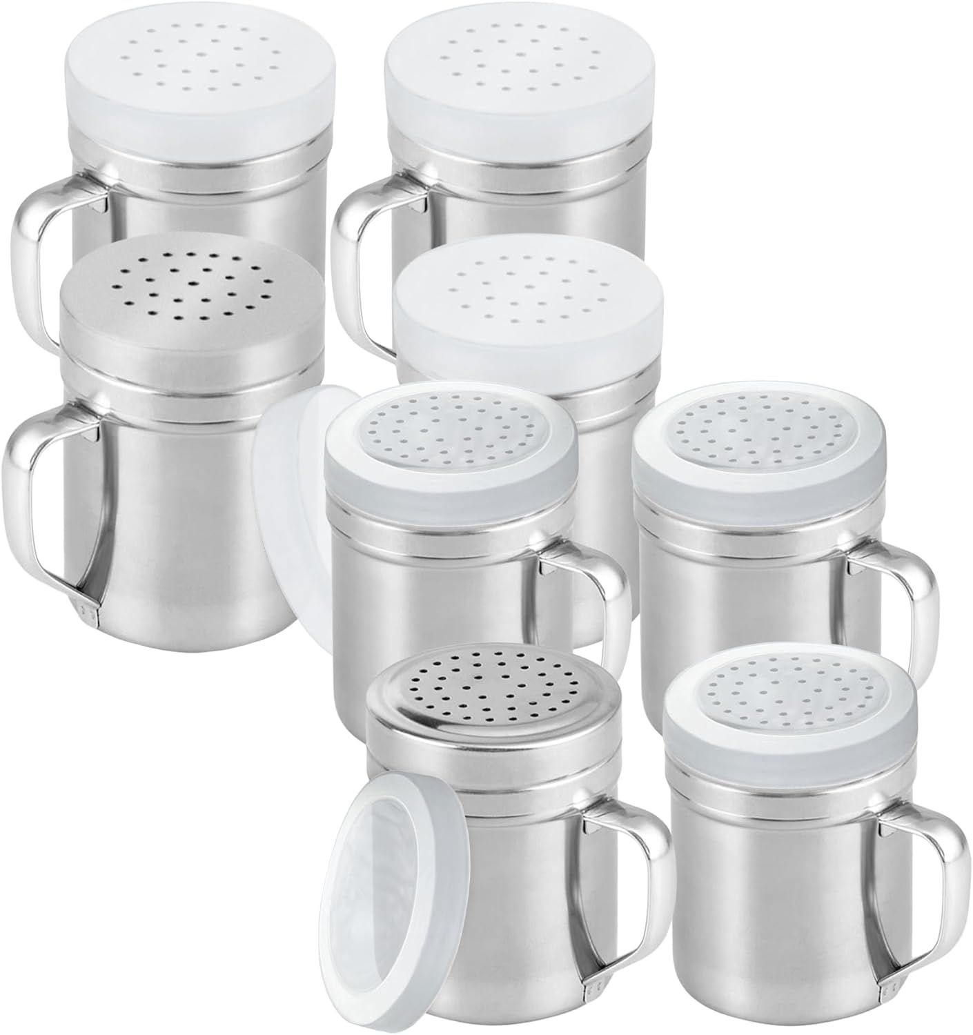 [4-pack] 6oz Metal Salt & Pepper Shaker with Holes, [4-pack] 10oz Metal Salt & Pepper Shaker with Holes - with Handle and Plastic Cap