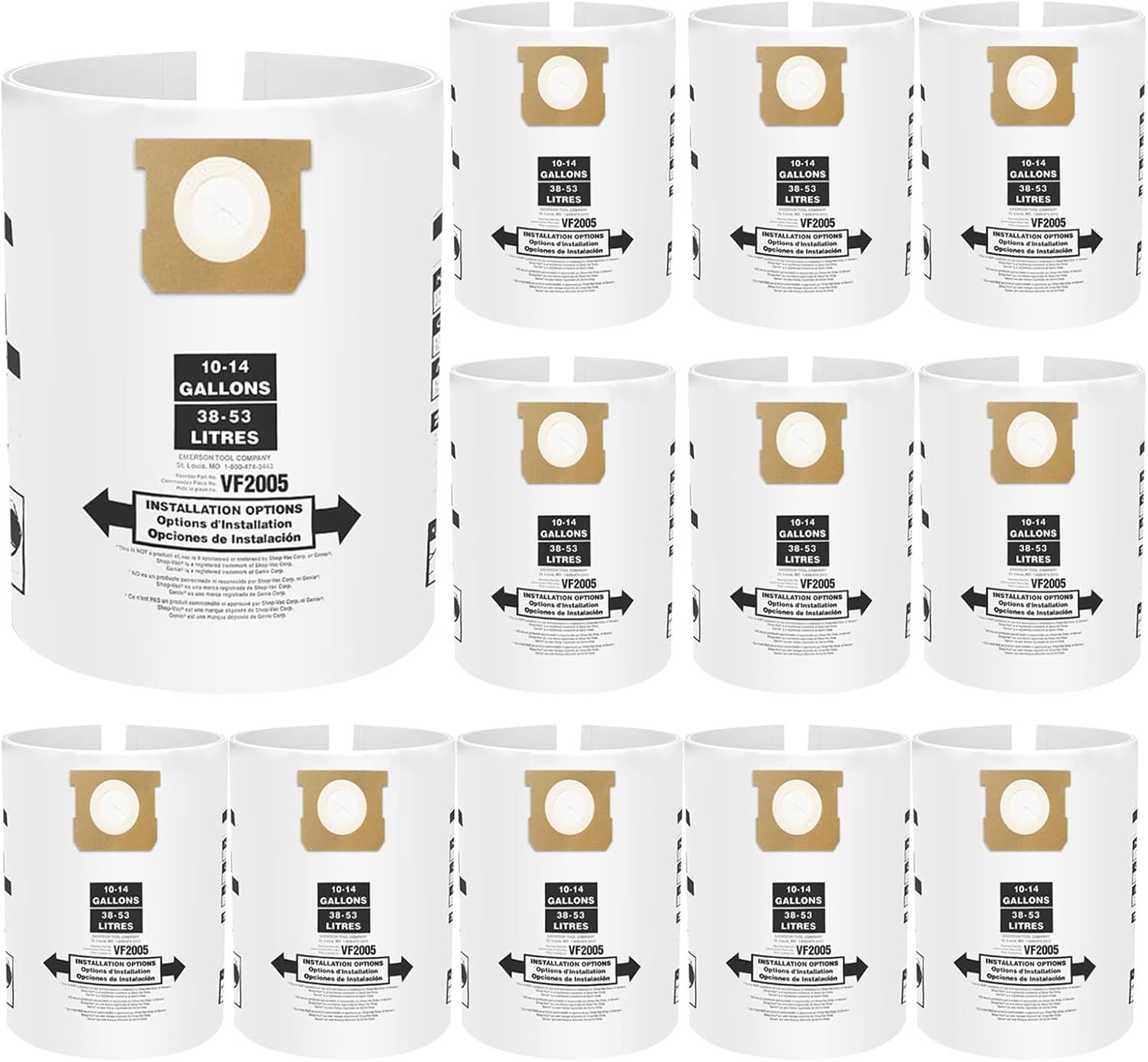 12 Pack V2005 Vacuum Bags Compatible with Shop Vac Bags 10-14 Gallon, Type  90662 9066200 ; Type I 90672 9067200,High Eiciency Disposable ine Dust Collection Vacuum ilter Bags
