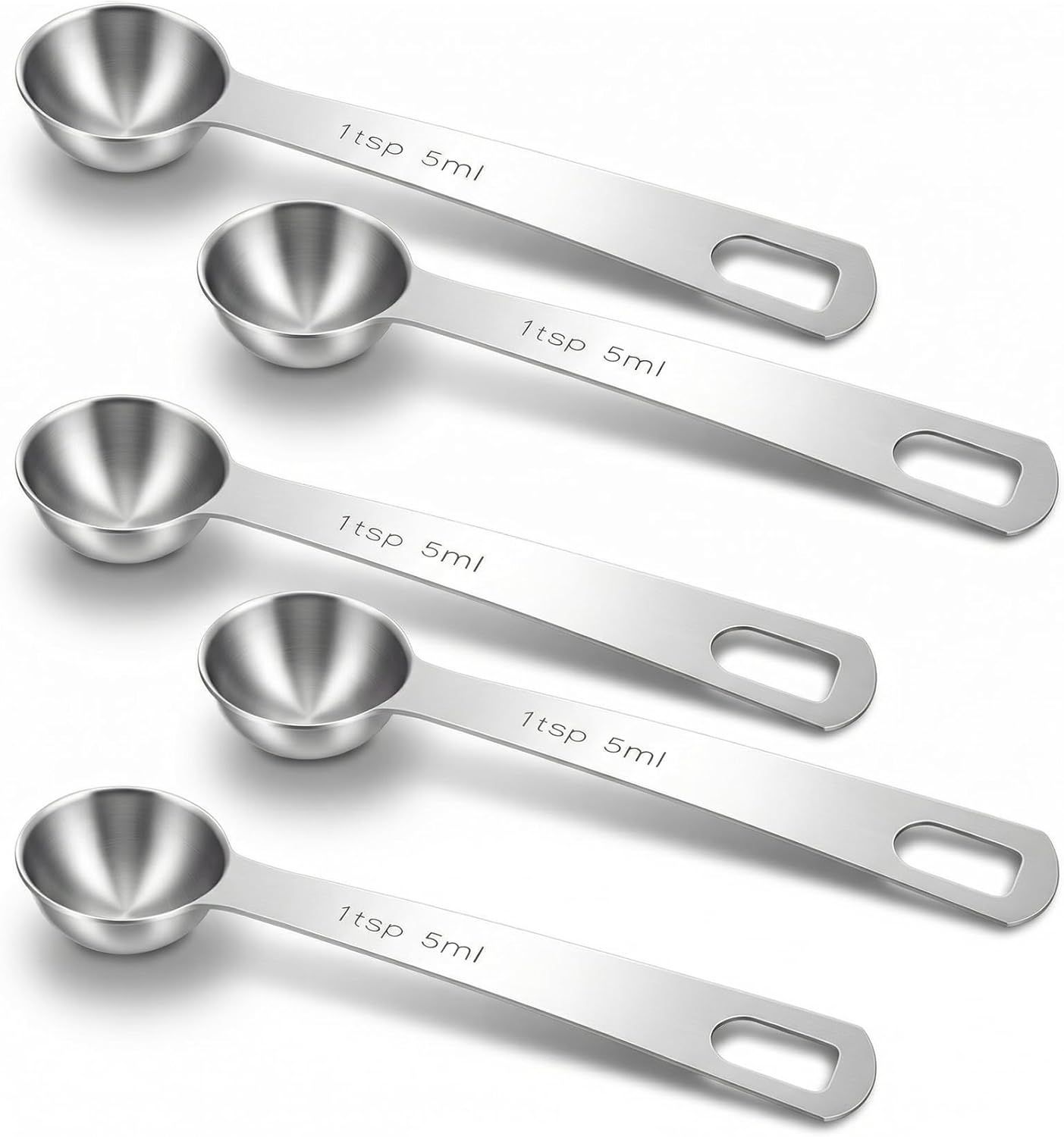 5PCS Teaspoon Measuring Spoon, 4.72 inch Stainless Steel 1 Tsp Measuring Spoon Set for Kitchen Ingredients (Silver, 5ml)