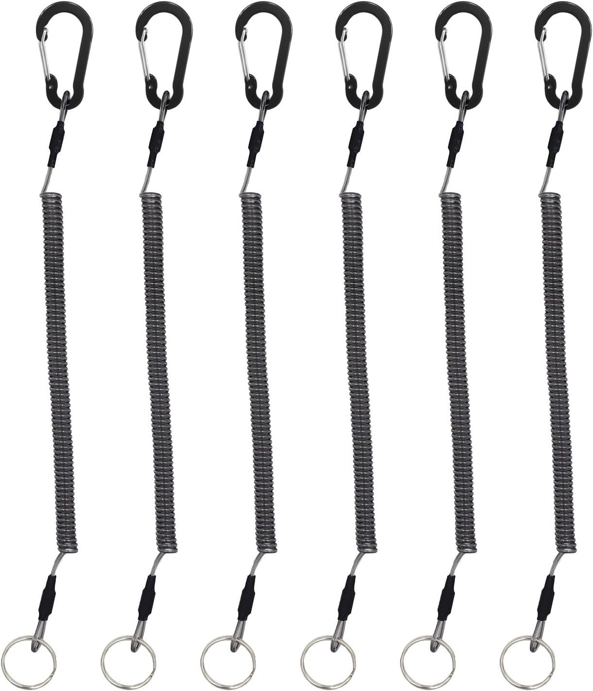 Stretchy Coiled Lanyards for Keys Kayak Fishing Equipment Pliers Tools, Black Blue Green Red Yellow Silver, 4/6pcs