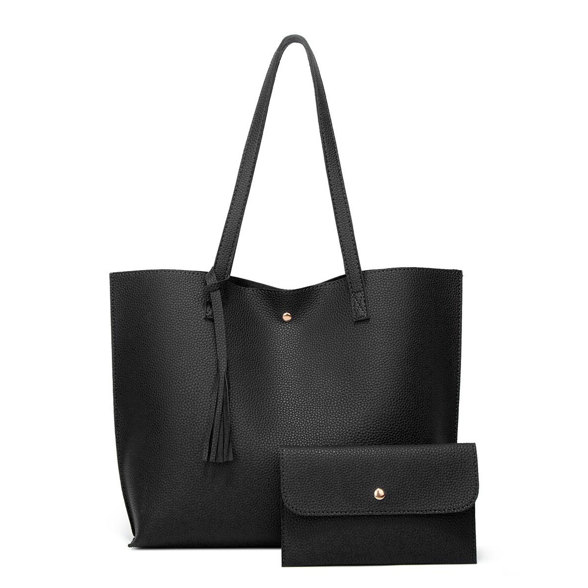 Large Women's PU Leather Handbag College Laptop Tote 2-Piece Set - Black