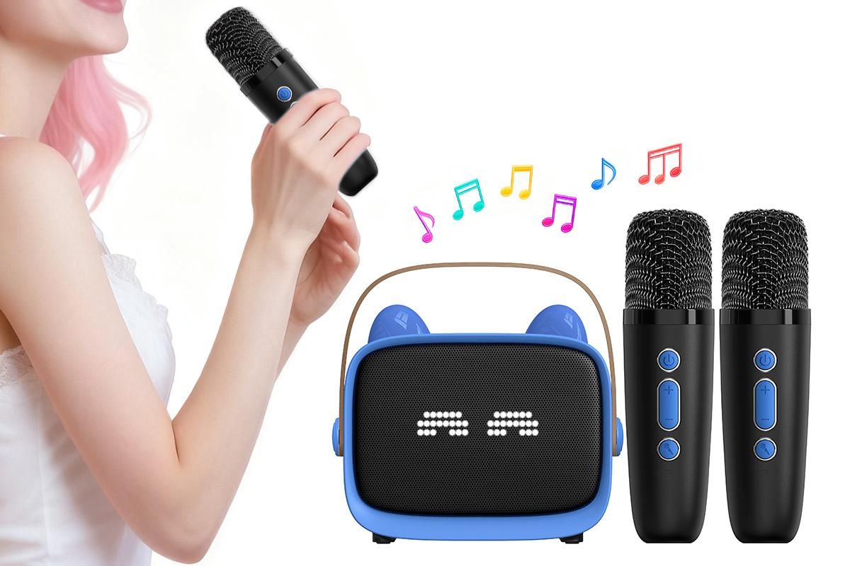 Mini Karaoke Machine Toys Gifts Portable MP3 Player with 2 Wireless Microphone - Blue