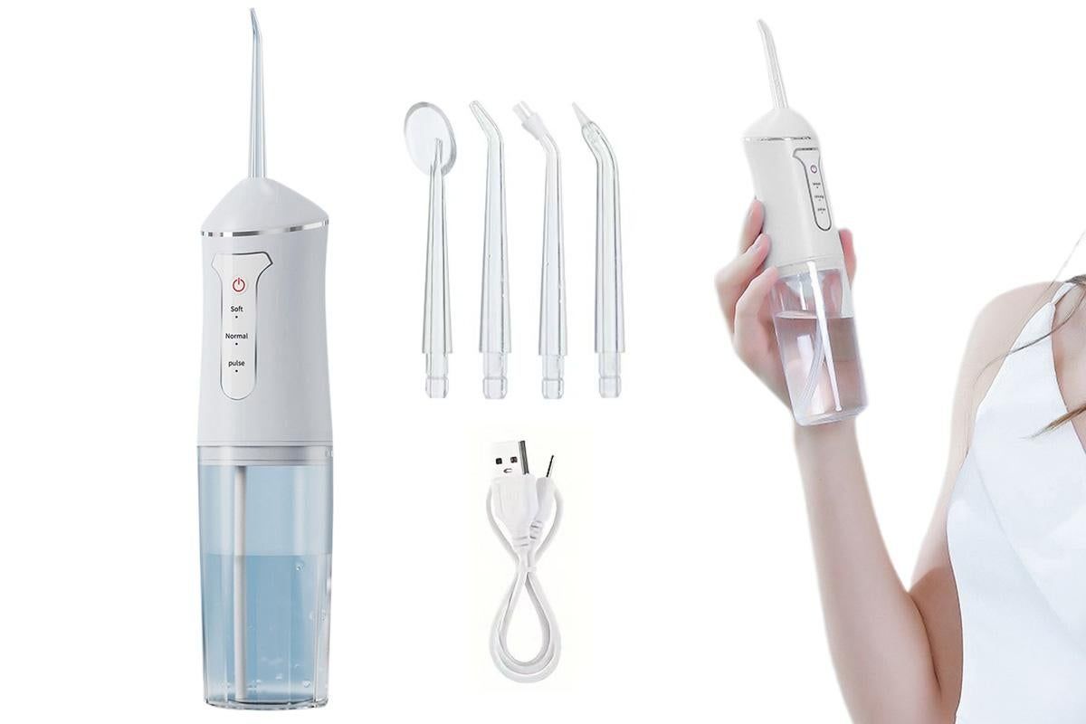 Cordless Portable Electric Water Flosser Teeth Cleaner Floss Irrigator With 4 Jet Tips - White