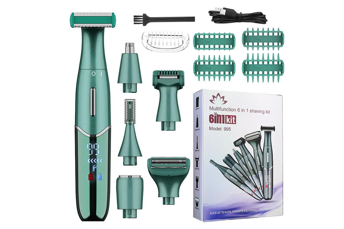 6-in-1 Women Electric Shaver Replaceable Heads for Whole Body Private Epilator Shaving Razor - Green