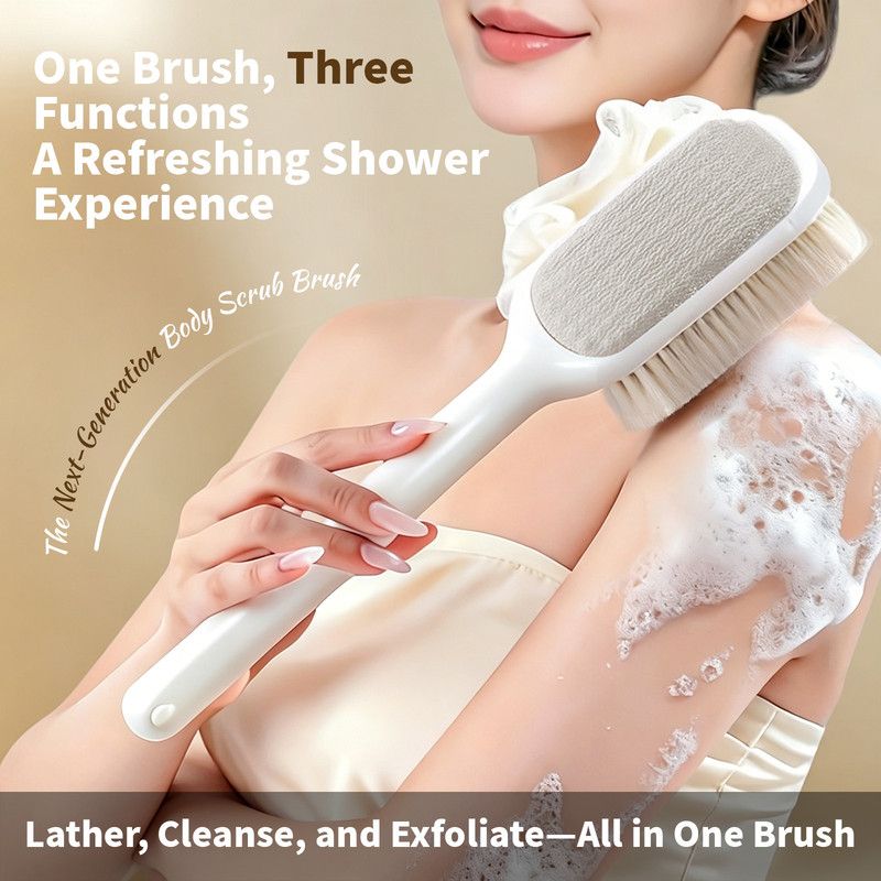 3-in-1 Multi-Functional Long-Handled Body Scrub Brush: Bath Sponge + Soft-Bristle Brush + Washcloth All-in-One, Home Exfoliating Bath Brush, Back Scrubber—White