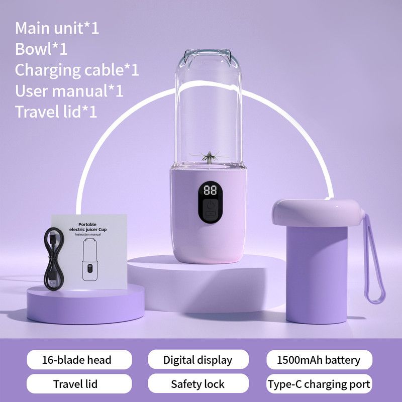 Portable Electric Juicer Cup with Digital Display for Home Use, High-Powered 16-Blade Head, Large-Capacity Outdoor Portable Wireless Charging Juicer Cup, Food-Grade Material with Child Safety Lock—Purple