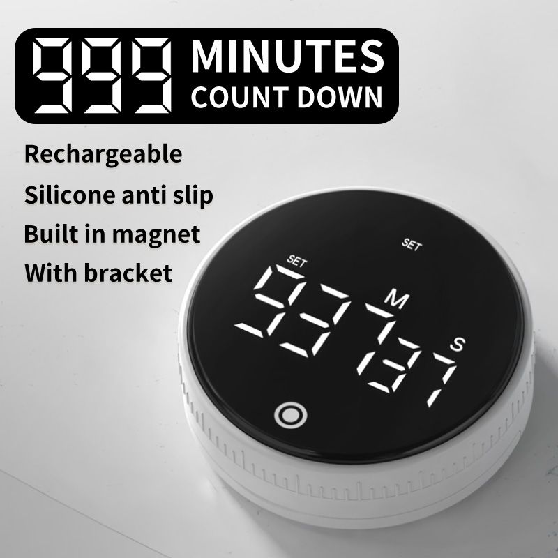 Rotating Digital Kitchen Timer, 999-Minute LED Display Timer with Magnetic Back & Stand, Type-C, for Studying and Exercising—White