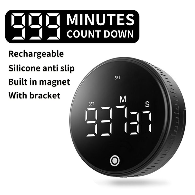 Rotating Digital Kitchen Timer, 999-Minute LED Display Timer with Magnetic Back & Stand, Type-C, for Studying and Exercising—Black