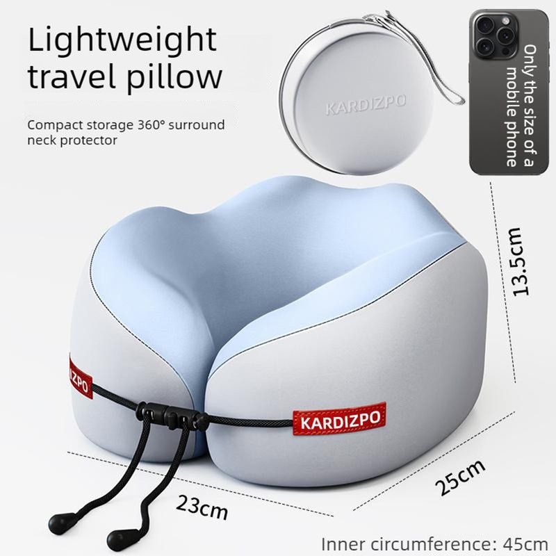 Portable Memory Foam U-Shaped Neck Pillow, Ergonomic 360° Support Adjustable Travel Pillow with Storage Case for Airplane, Car, Office - Blue