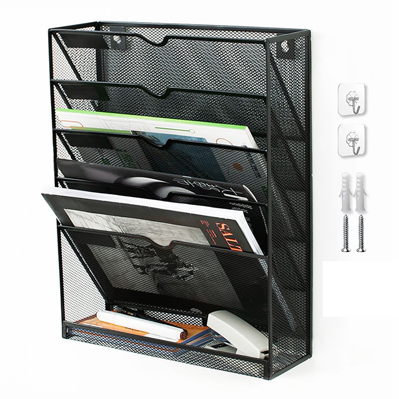 5 Tier Wall File Organizer Vertical Placement Glossy Edges Wall Mount File Holder with Hanging Hole for Office Black
