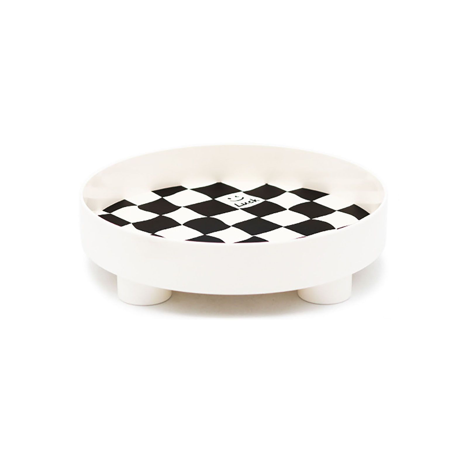 Round Storage Organizer Tray Checkerboard Design Plate Container Tray for Fruit Perfume Jewelry White, Small