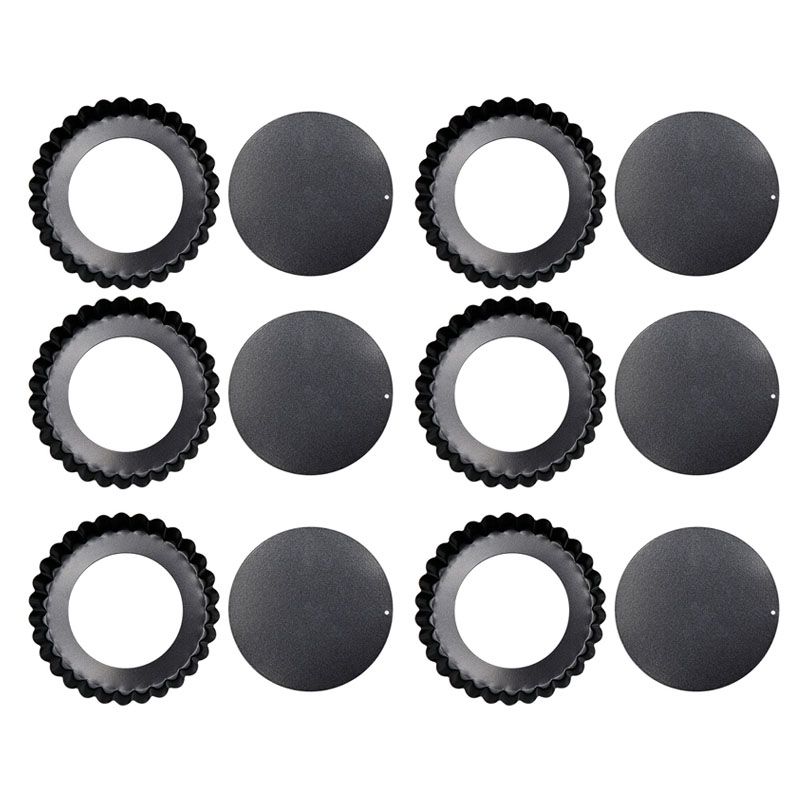 6PCS Removable Bottom Tart Pan Non Stick Coating Carbon Steel Black Quiche Pan for Kitchen