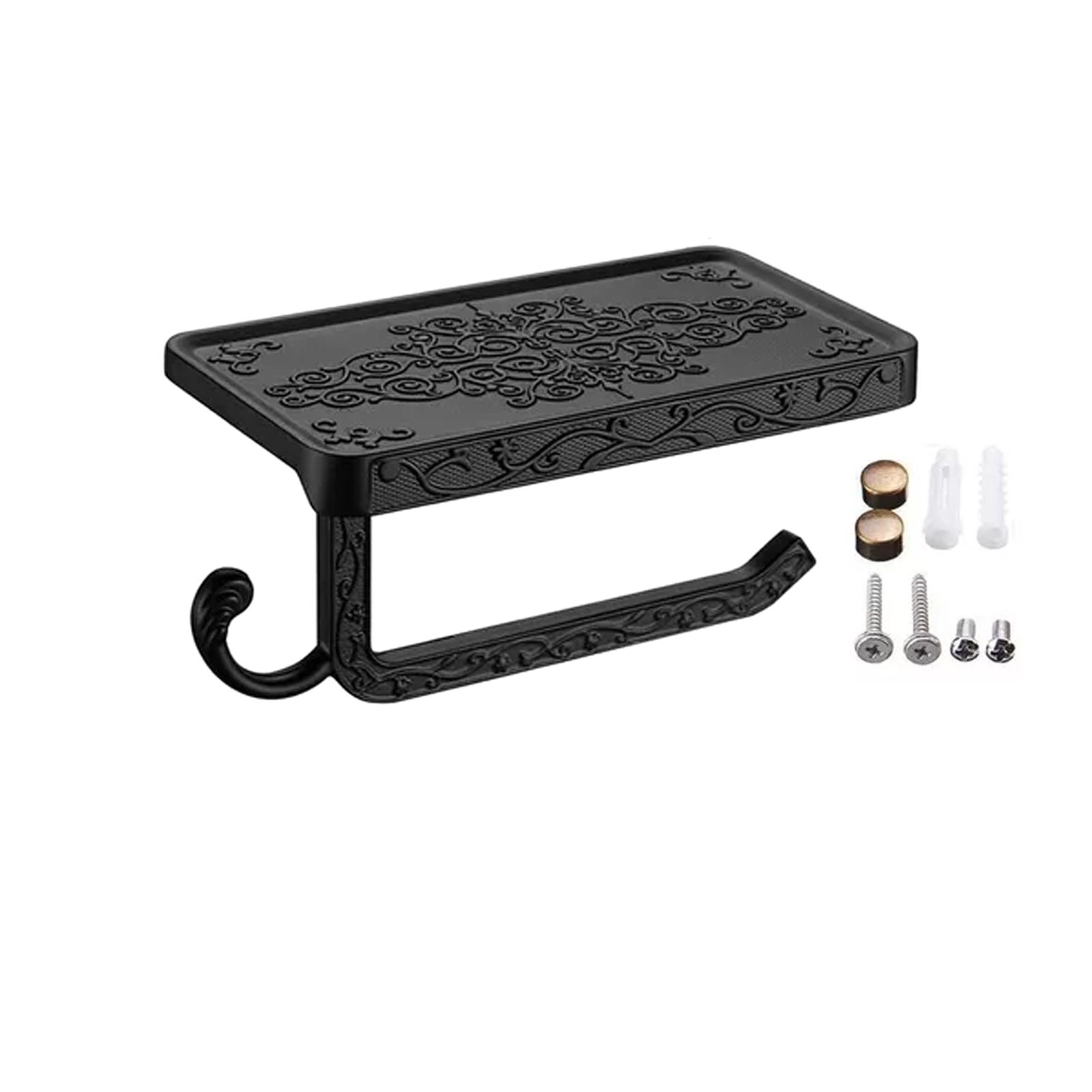 Black Paper Roll Rack with Phone Storage Shelf Aluminum Vintage Toilet Paper Towel Holder for Bathroom Black