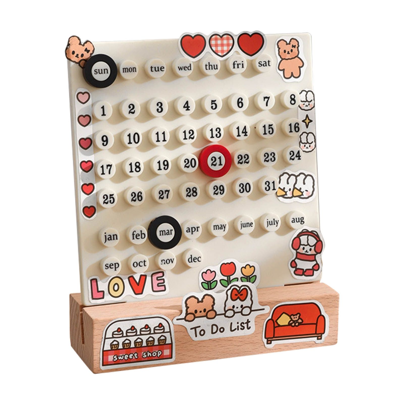 Desk Date Planner Integrated Molding Ring Table Calendar Ornaments for DIY Home Stationer Decoration Birch and ABS White