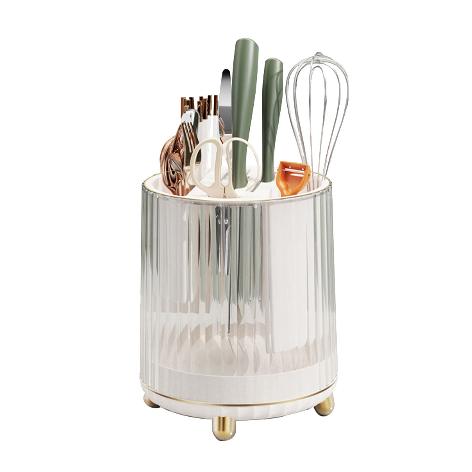 Kitchen Knife Utensil Holder Rotating Knife Block Holder with Scissors Slot Multifunctional Countertop Utensil Organizer White