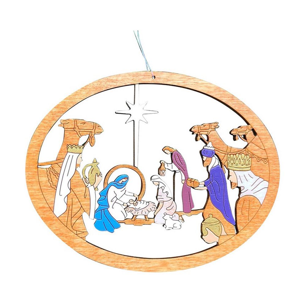 Color Hollowed Nativity Scene Pendant Christmas Tree Wooden Hanging Ornament Christmas Decoration for Hanging on Doors and Windows