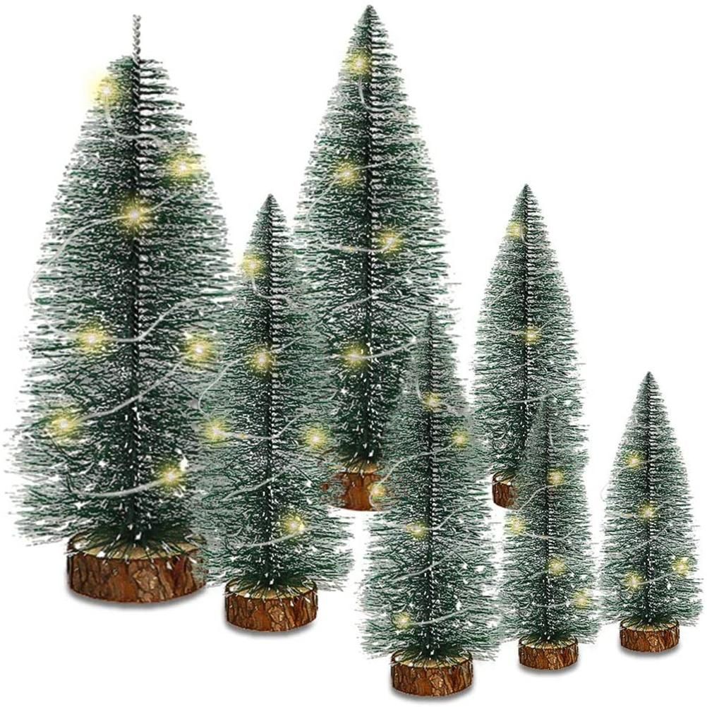 7PCS Christmas Decorations Mini Sisal Christmas Trees Pine Trees Ornaments with Lamp and Wooden Base for Christmas Party Home Decoration