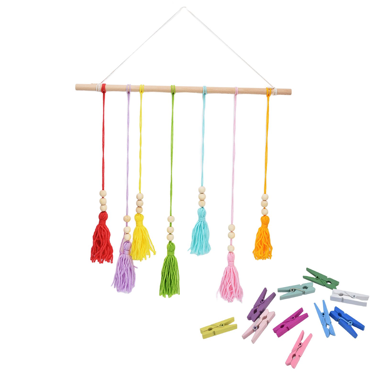 Tassel Tapestry Wall Hanging 7 Colors Hand Made INS Style Bohemian Wall Decor with 10 Clips for Living Room Bedroom
