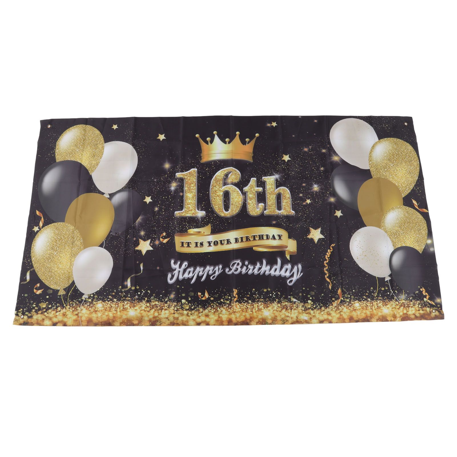 Happy Birthday Backdrop Washable Black Gold Balloon Fireworks Sign 16th Birthday Banner for Bedroom Yard