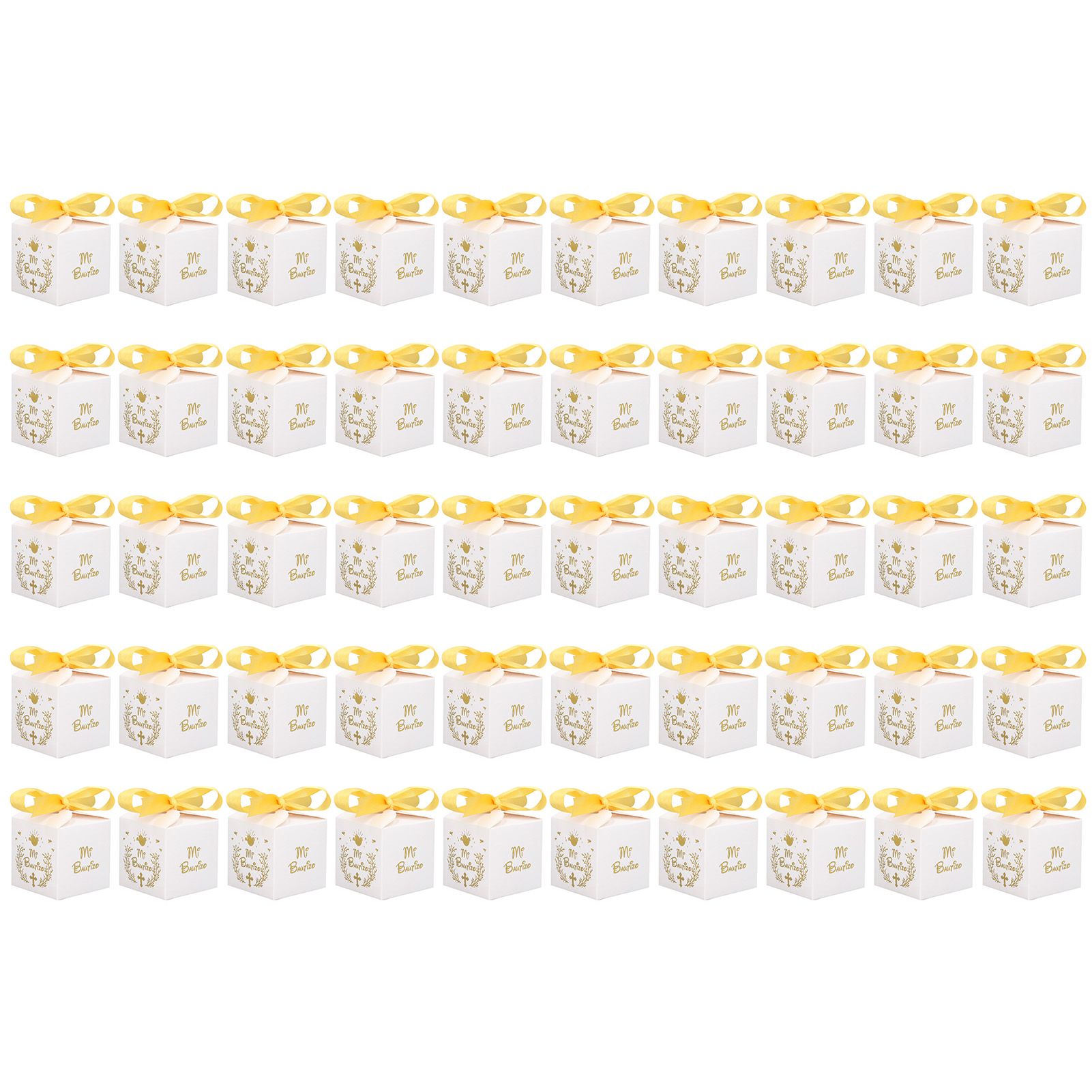 50pcs Party Favor Boxes Paper Material Mi Bautizo Pattern Equipped Gold Ribbon White Wedding Gift Boxes for Party