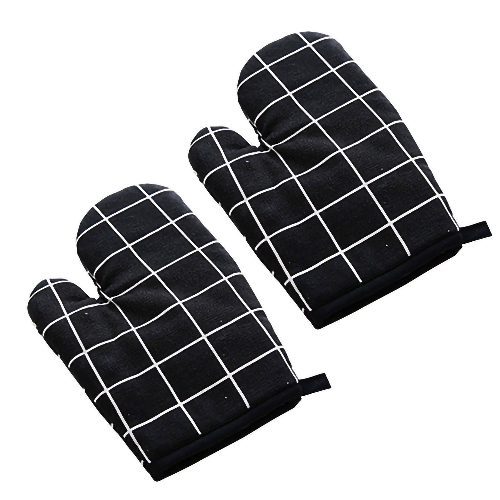 Oven Mitt Cooking Mitten Cotton Lining Heat Resistant Gloves Tool for Baking DishBlack Grids