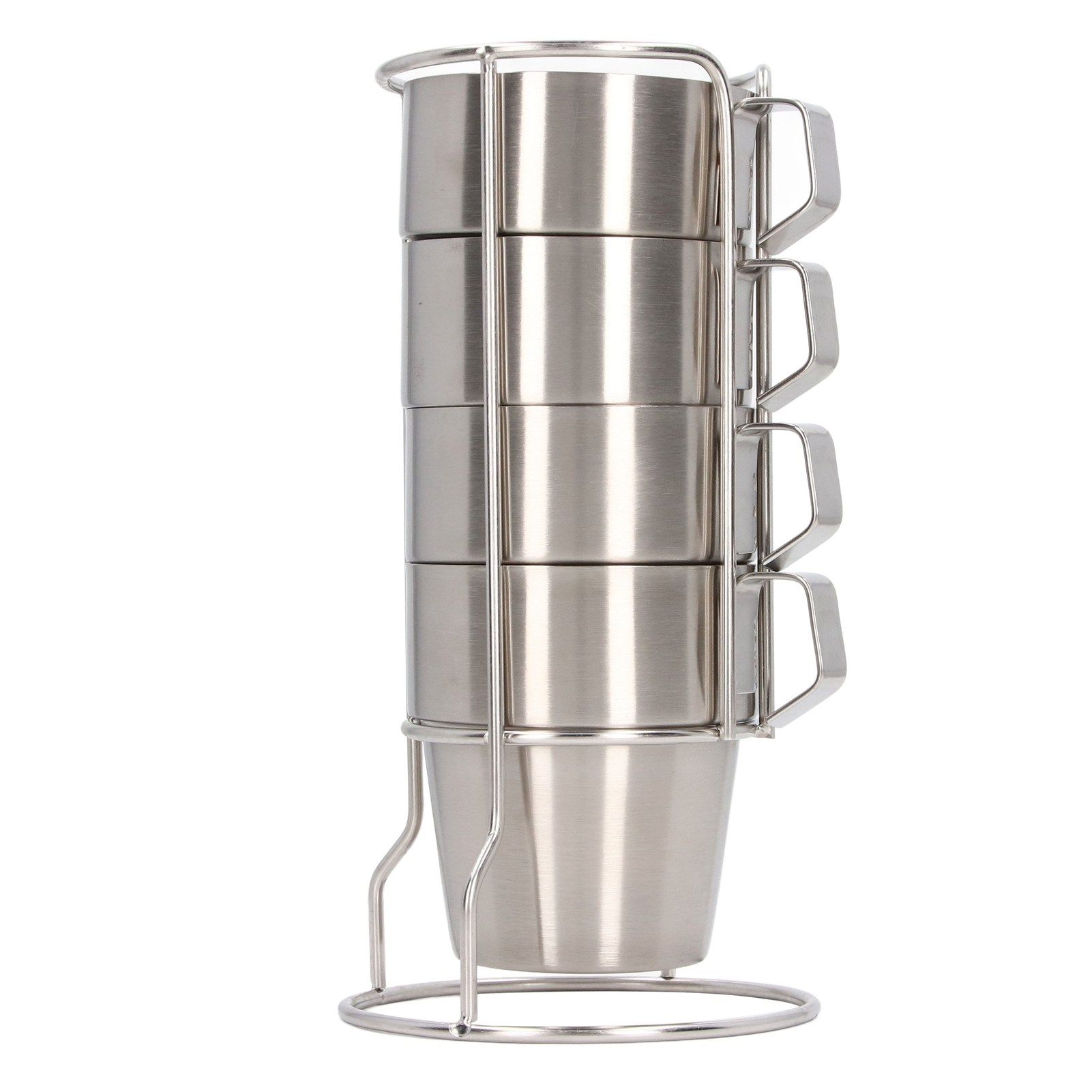 Stainless Steel Camping Cup Set of 4 Double Layer Coffee Mugs with Stand Holder Stackable Outdoor Cups for Picnic