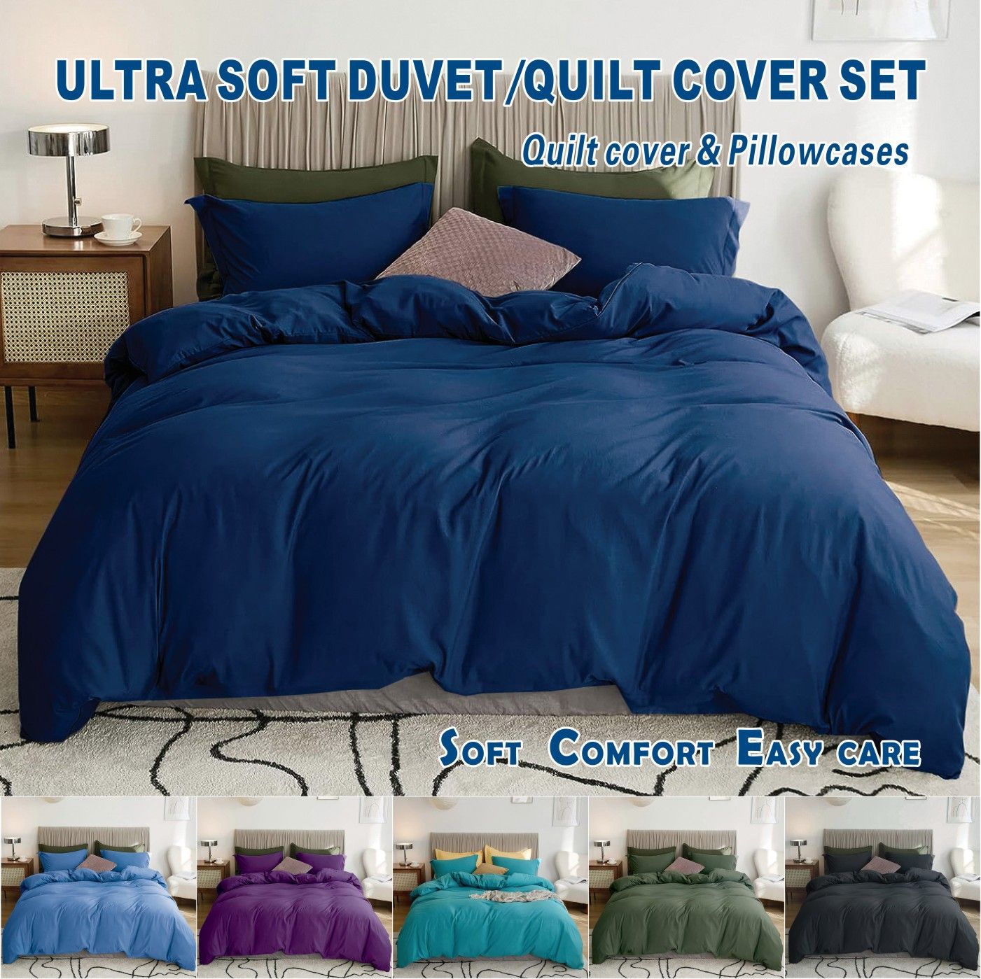 3 Piece Hotel Soft Microfiber Quilt Cover Set-2000TC Duvet/Donna Cover Set & Pillowcases -1 Quilt Cover Zipper Closure & 1 x Pillowcases-Breathable Bedding - Wrinkle, Fade, Stain Resistant(Navy,Double)