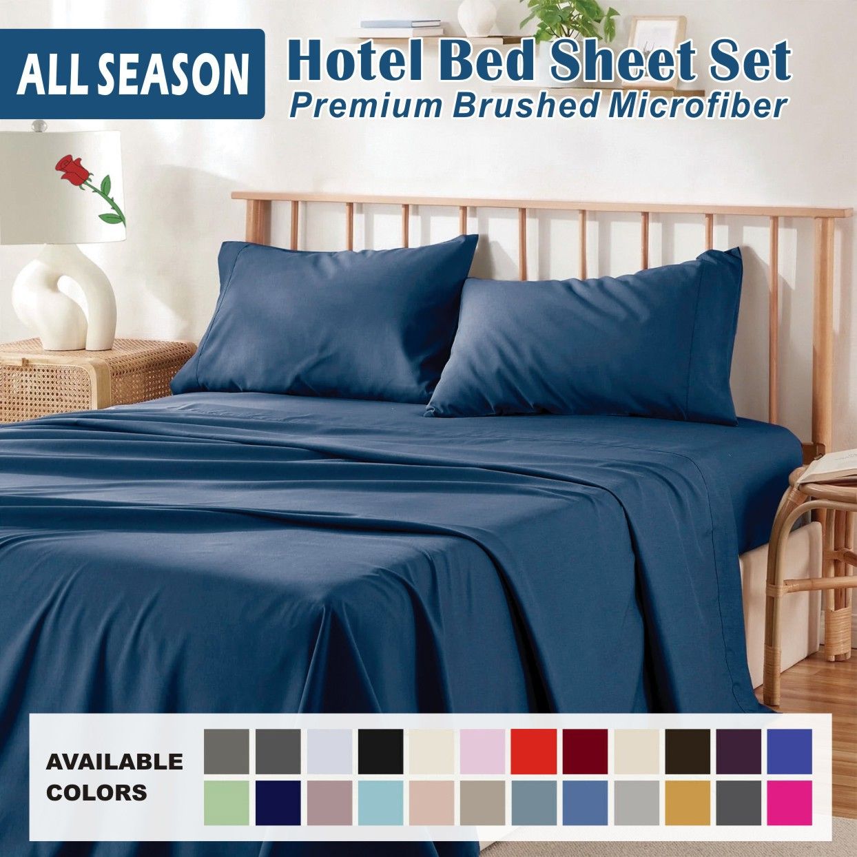 4 Piece Bed Sheet Set- Bedding Sheets & Pillowcases -Breathable Bedding - Wrinkle, Fade, Stain Resistant-Deep Pocket Flat Fitted Bed Sheet Set(Navy,Double)