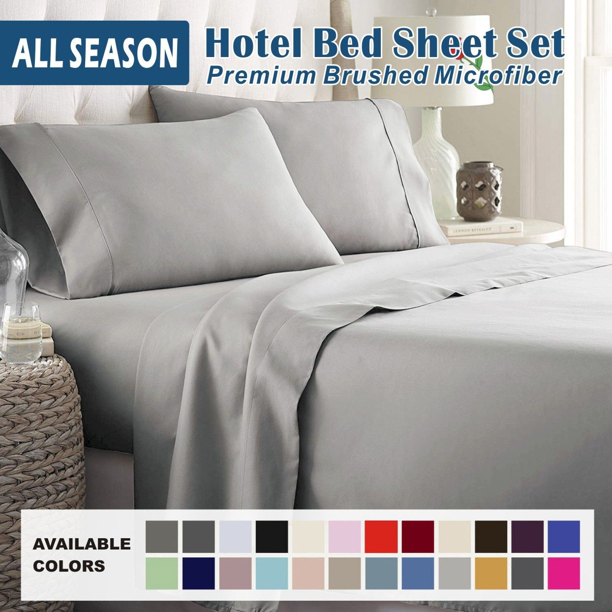 4 Piece Bed Sheet Set- Bedding Sheets & Pillowcases -Breathable Bedding - Wrinkle, Fade, Stain Resistant-Deep Pocket Flat Fitted Bed Sheet Set(Silver-gray,King)