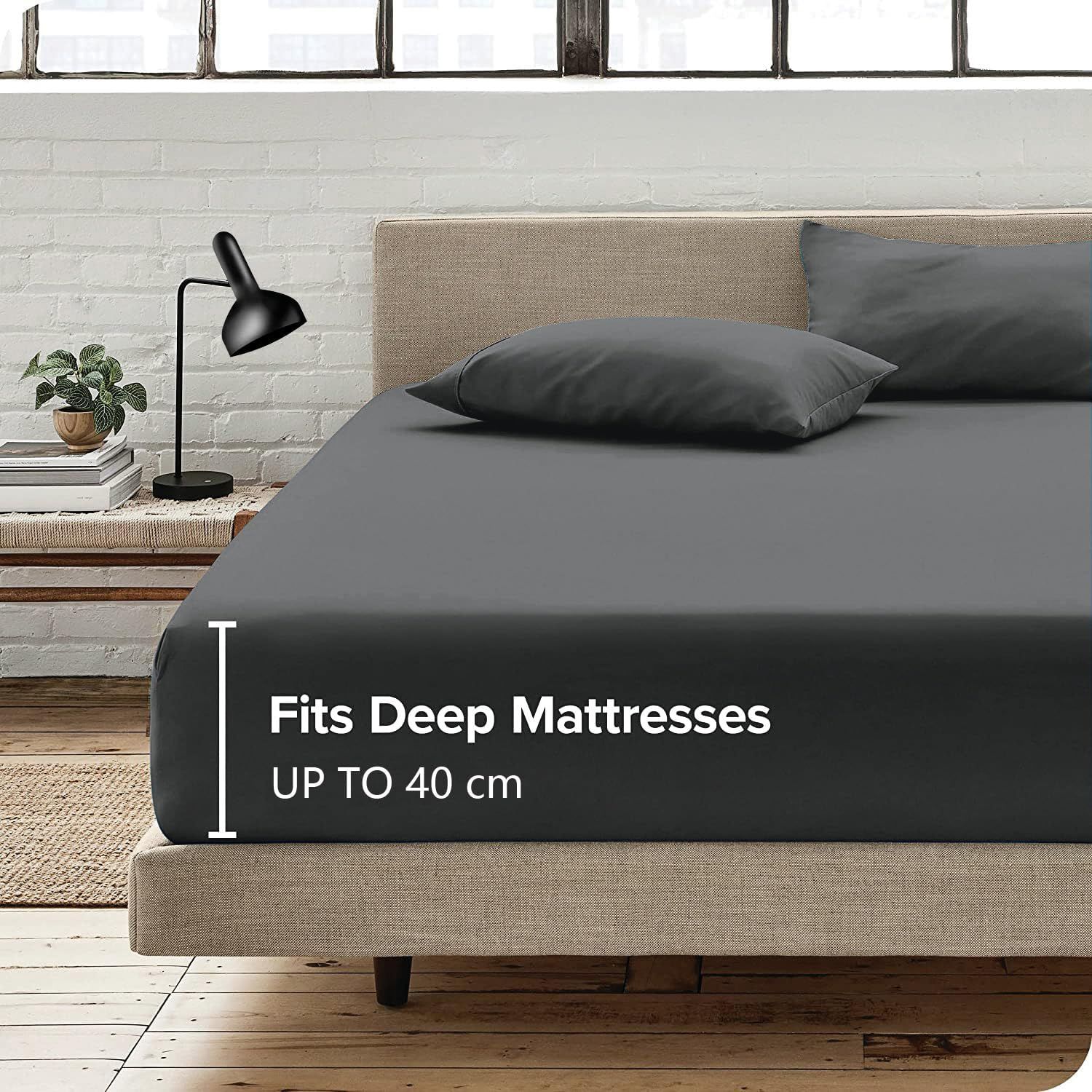 2 Piece Fitted Sheet Set- Fitted Sheet & Pillowcases -Breathable Bedding - Wrinkle, Fade, Stain Resistant- 40cm Deep Pocket Fitted Bed Sheet Set(Dark gray,King Single)