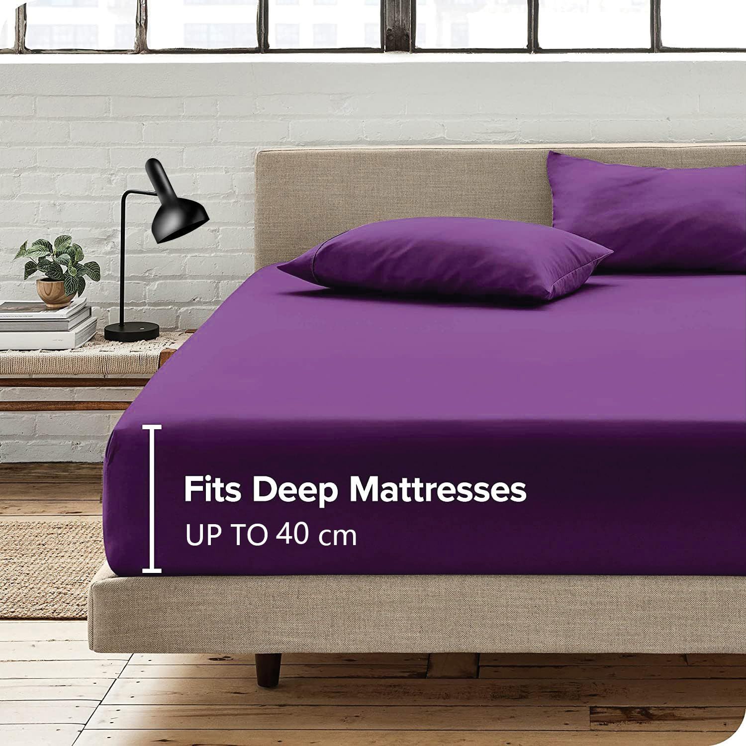 2 Piece Fitted Sheet Set- Fitted Sheet & Pillowcases -Breathable Bedding - Wrinkle, Fade, Stain Resistant- 40cm Deep Pocket Fitted Bed Sheet Set(Purple,King Single)