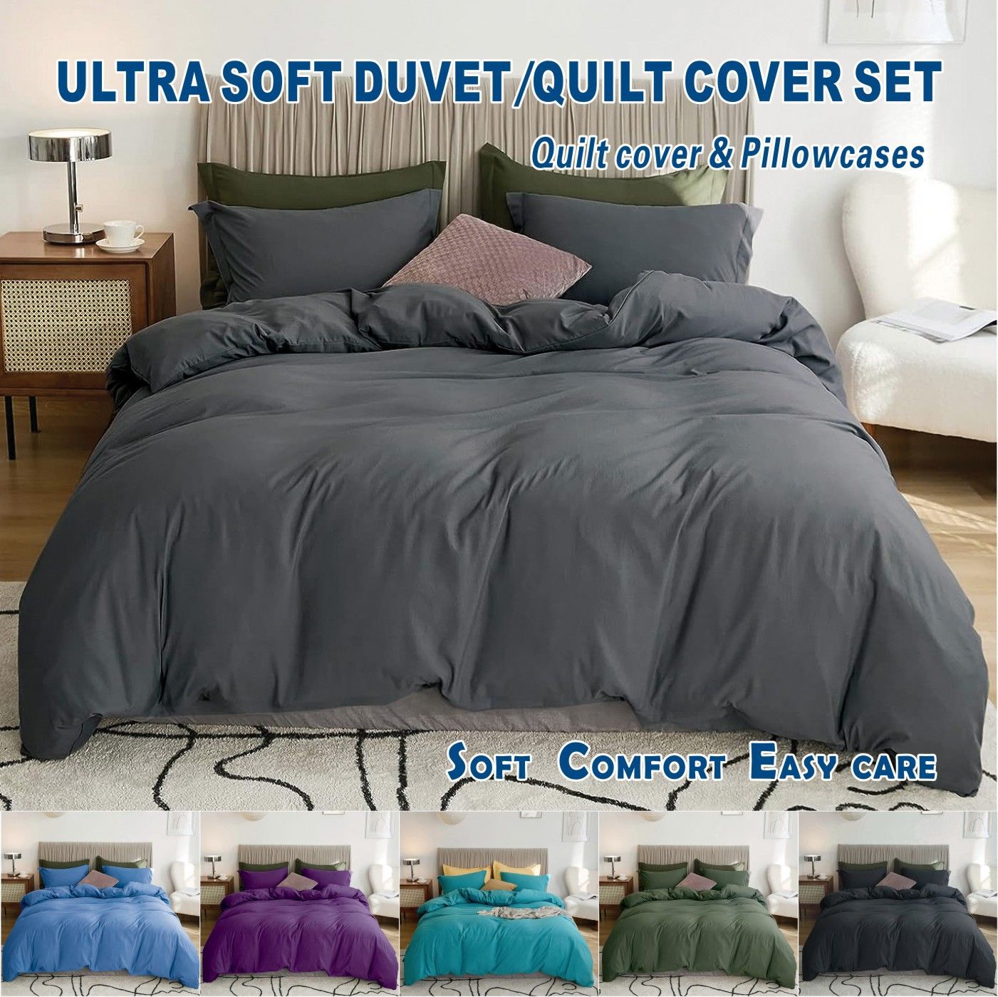 3 Piece Hotel Soft Microfiber Quilt Cover Set-2000TC Duvet/Donna Cover Set & Pillowcases -1 Quilt Cover Zipper Closure & 1 x Pillowcases-Breathable Bedding - Wrinkle, Fade, Stain Resistant(Dark gray,Queen)