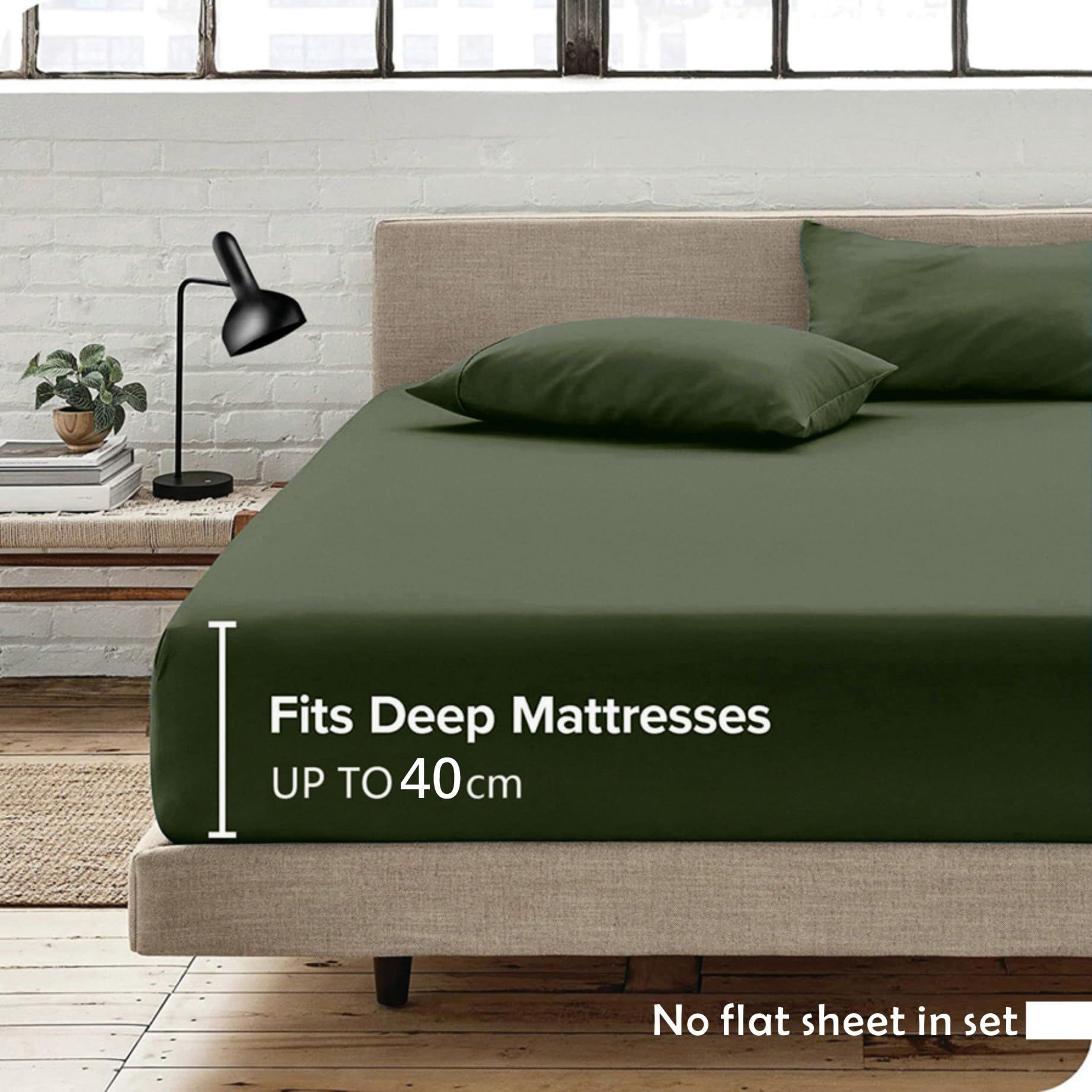 2 Piece Fitted Sheet Set- Fitted Sheet & Pillowcases -Breathable Bedding - Wrinkle, Fade, Stain Resistant- 40cm Deep Pocket Fitted Bed Sheet Set(Olive green,Single)