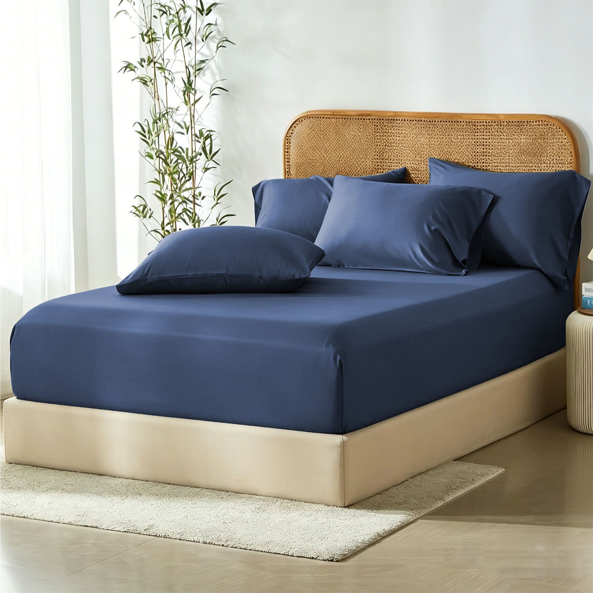 3 Piece Hotel Bamboo Cooling Fitted Sheet Set & Pillowcase -Ultra Soft 2000TC Breathable Fitted Bed Sheets Set with 37 Centimetre Deep Pocket-Cooling Sheets for Hot Sleepers(Navy,King)