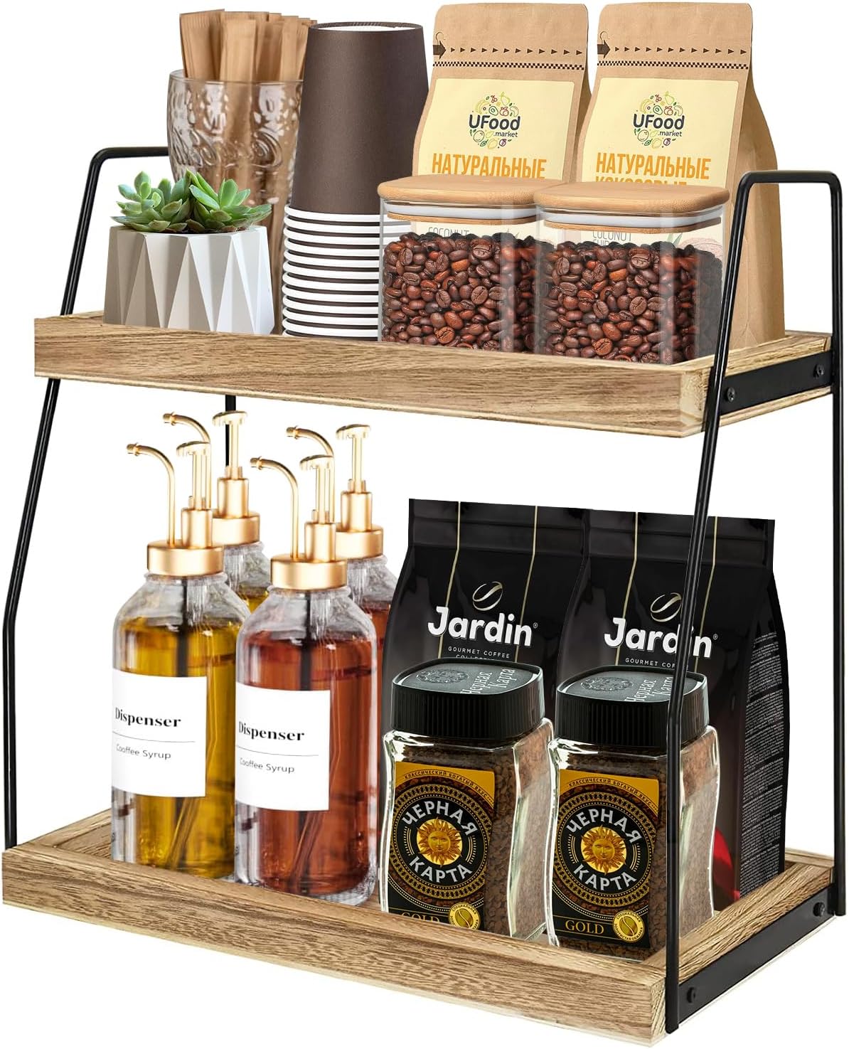 CARLA HOME 2-Tier Wooden Coffee Station Rack Organizer for Coffee Bar, Condiments, Syrups, Storage Jars & Spice Storage Shelf