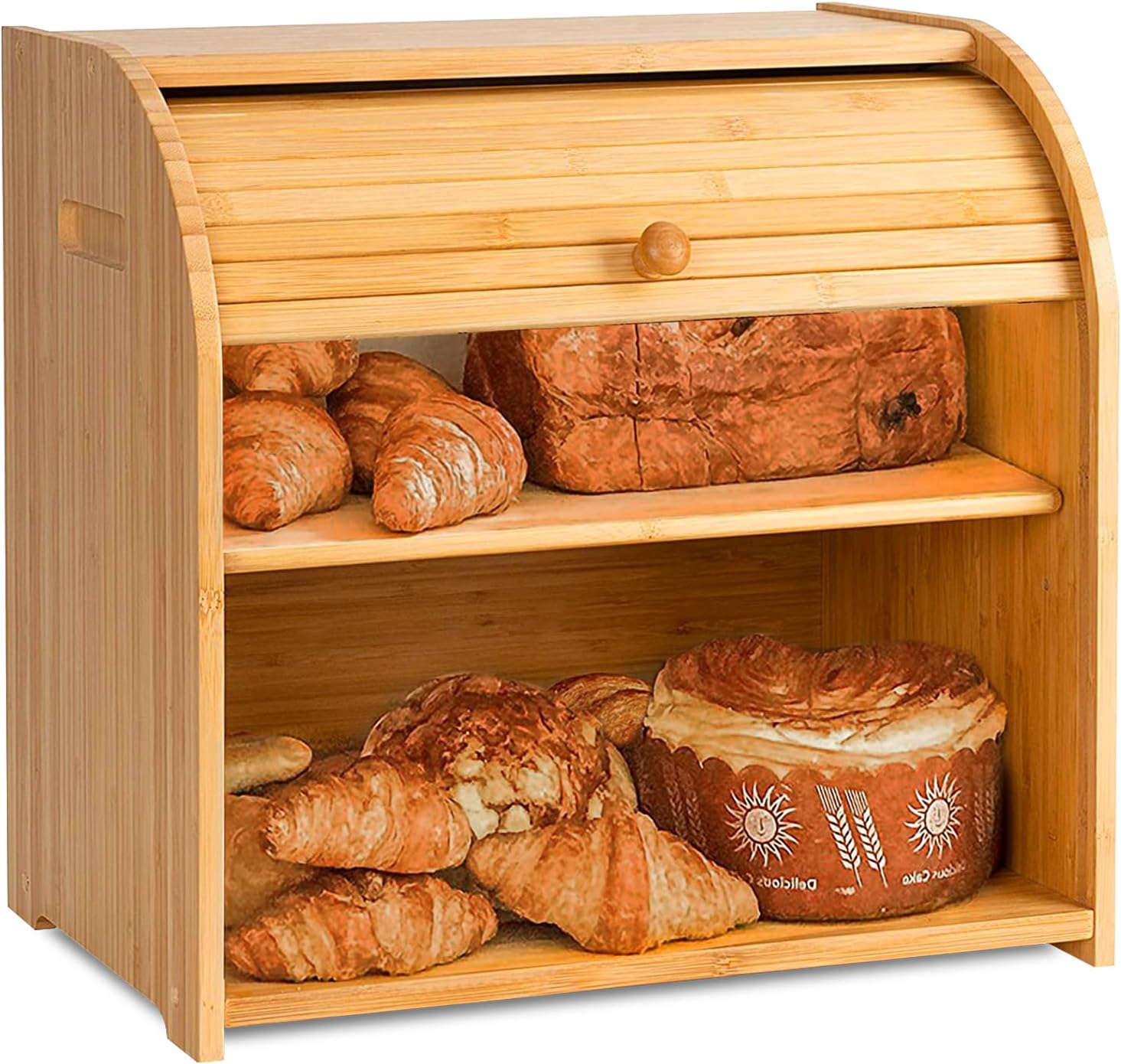 CARLA HOME Large Bamboo Bread Box Storage Organizer with Roll Top for Kitchen Counter