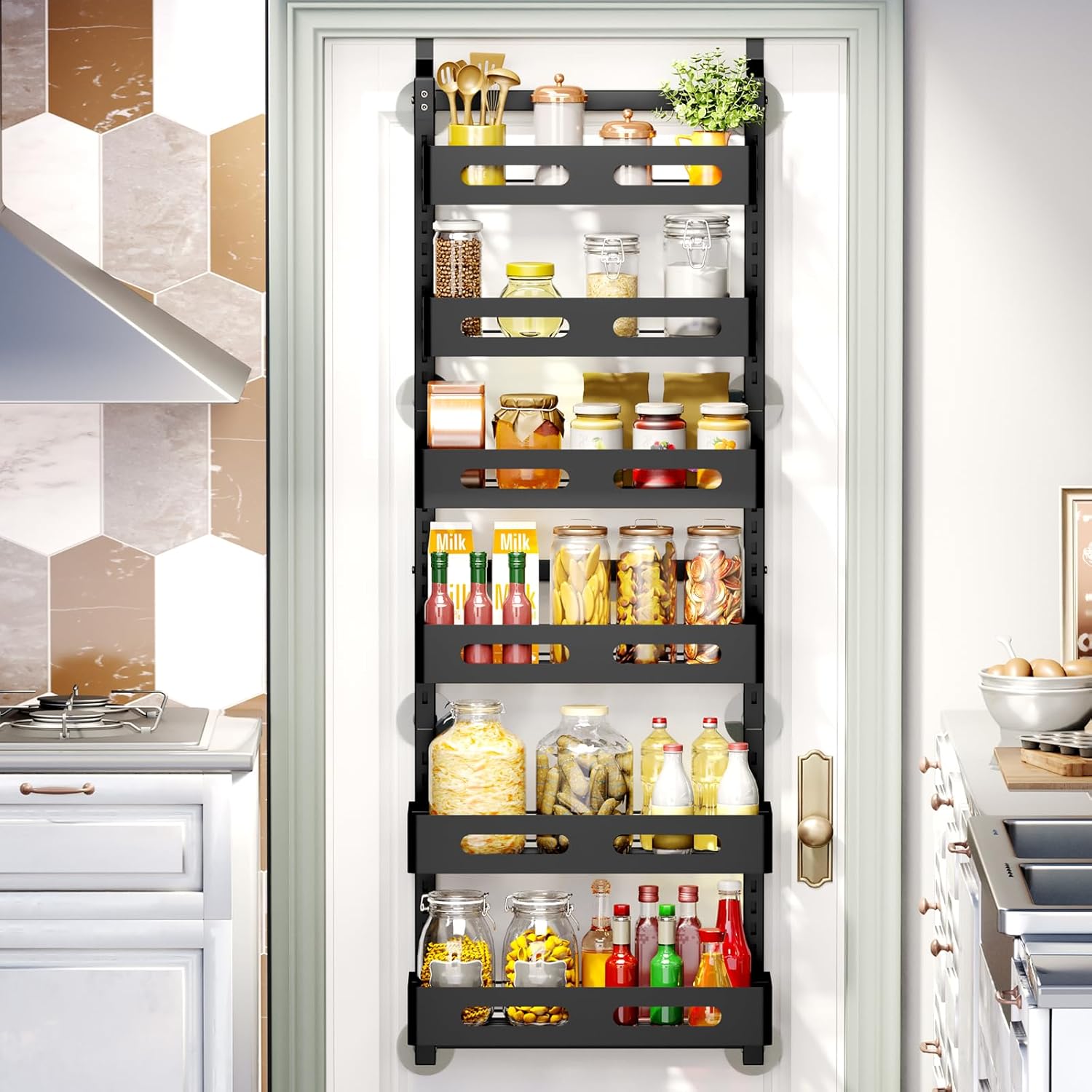 CARLA HOME 6 Tier Over the Door Organizer with Adjustable Metal Pantry Storage Rack and Hanging Baskets for Kitchen and Bathroom