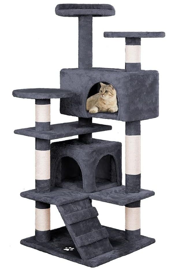 CARLA HOME 180cm Cat Tree Tower for Indoor Cats with Plush Perches, Dual Condos, Natural Sisal Scratching Posts & Ramp for Kittens & Adult Cats (Dark Grey)