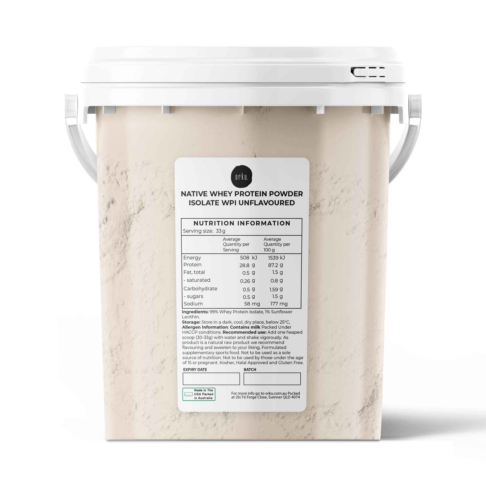 Orku 500g Native Whey Protein Isolate Powder - Unflavoured WPI Bucket