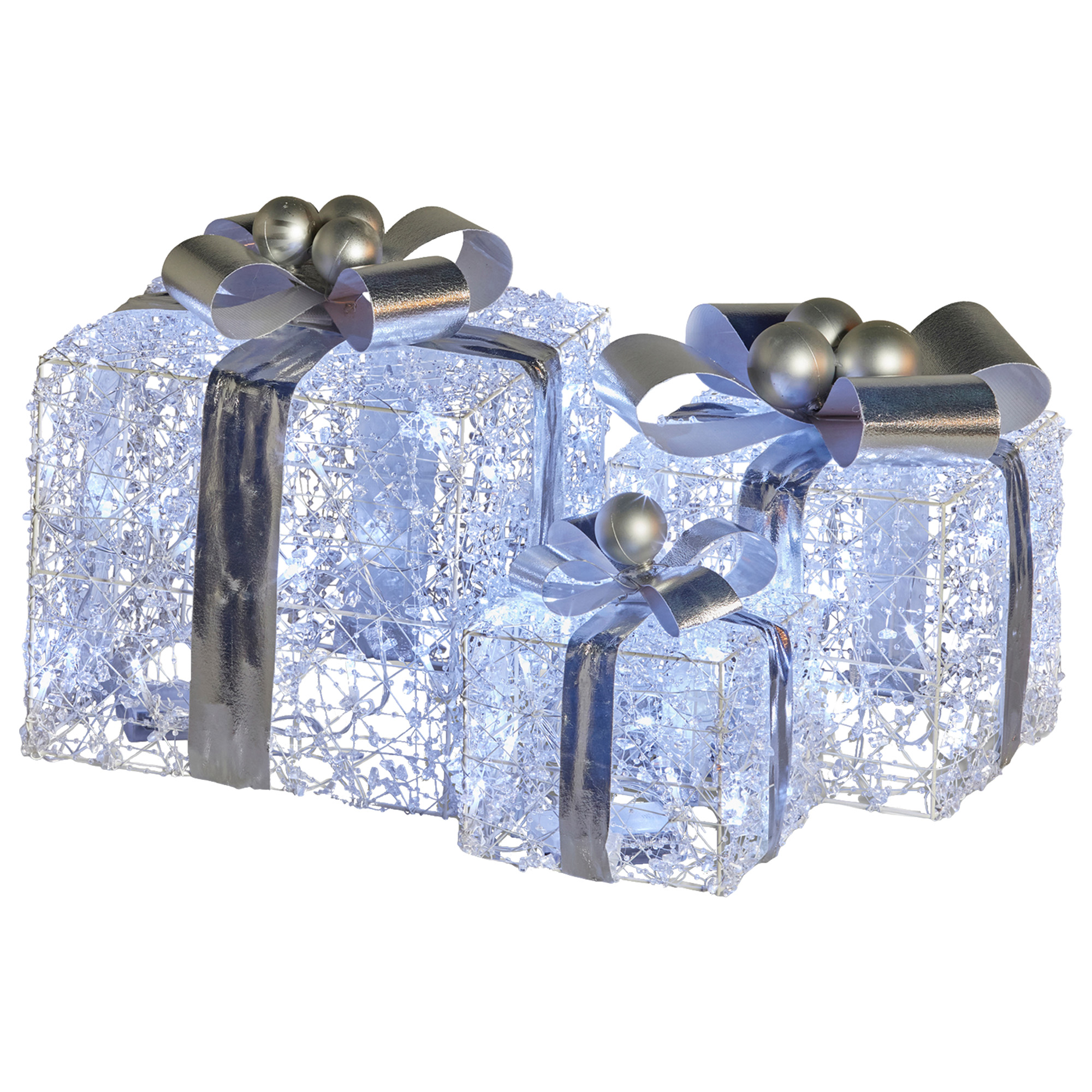 Christabelle Swishmas Set Of 3 Christmas Gift Boxes With Lights With Jewelled Wire And Silver Bows