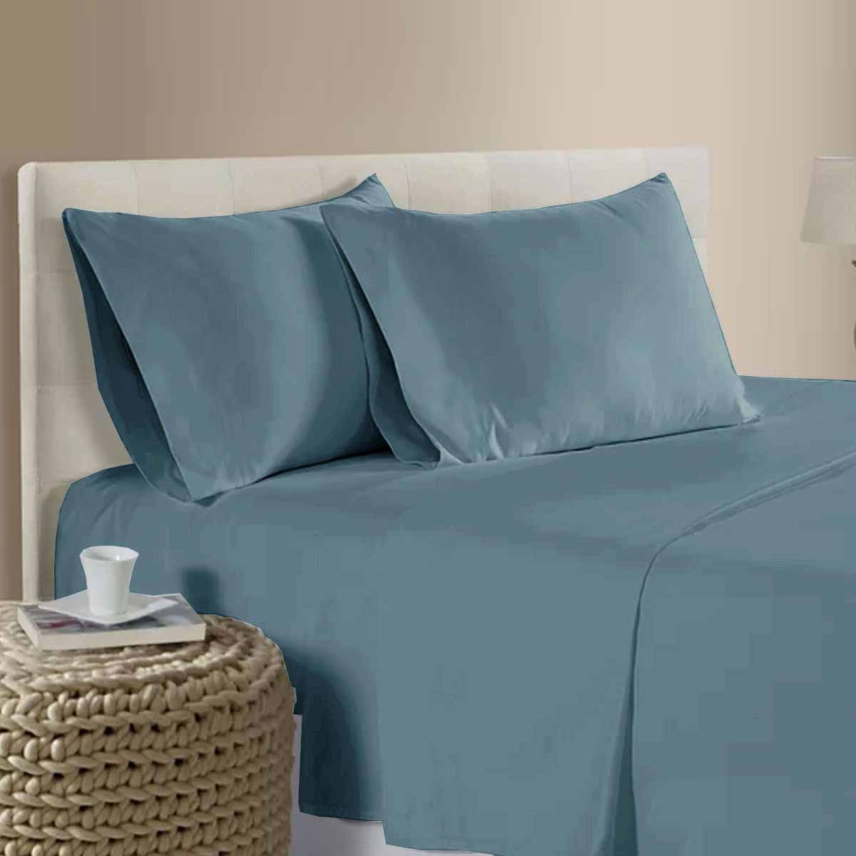 400TC 100% Cotton Sateen Premium Sheet Set 40cm Wall Dusk Blue Queen