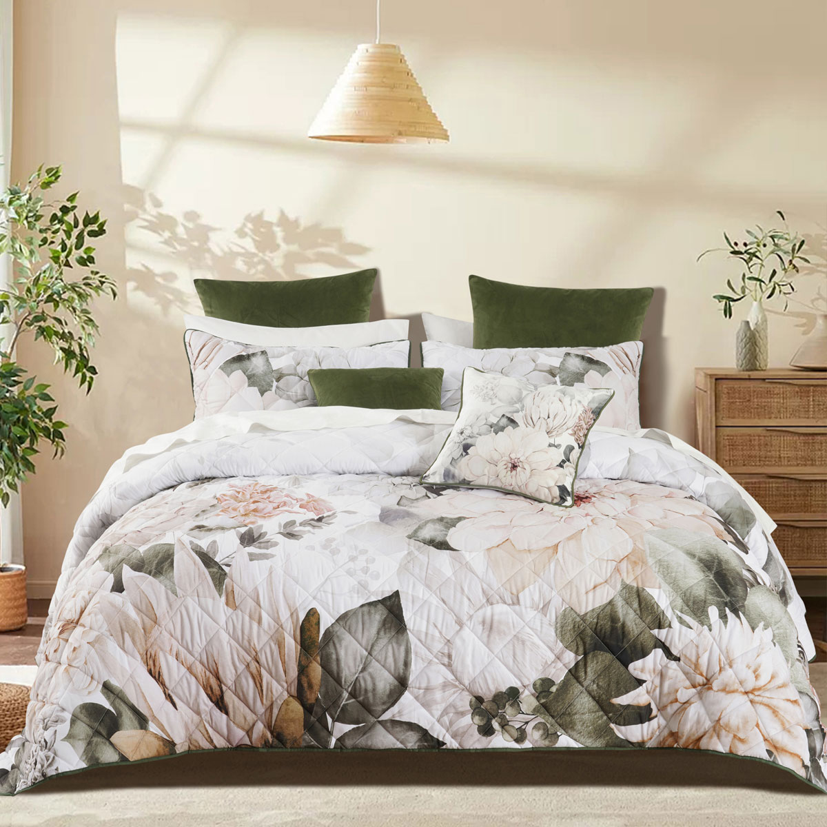 Bianca Giselle White Polyester Printed Floral Coverlet Set Queen/King