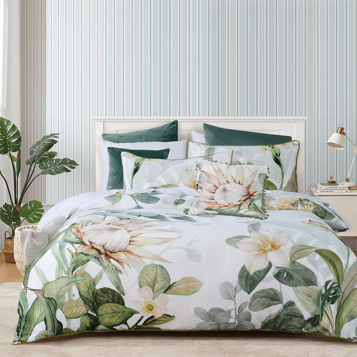 Bianca Helensvale White Floral Cotton Sateen Quilt Cover Set Super King