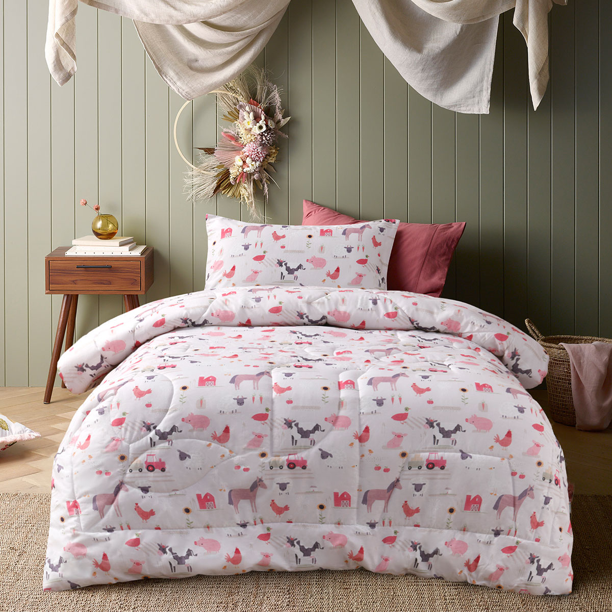 Happy Kids Farmyard Friends 2 Piece Washed Cotton Cover Comforter Set Single 160cm x 220cm