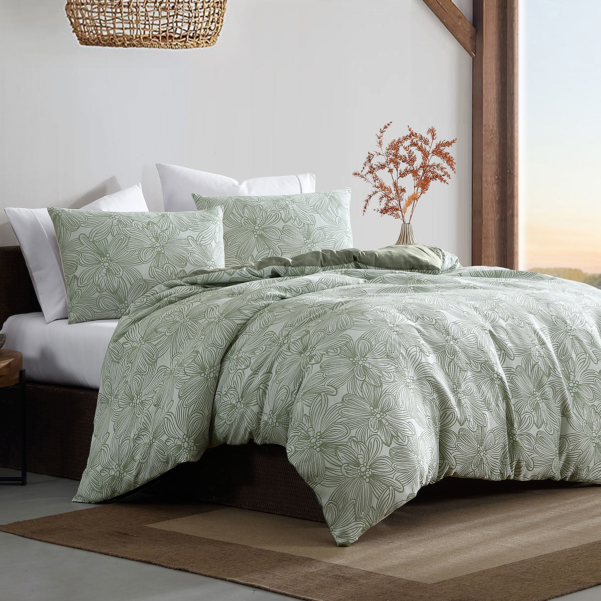 Ardor Avena Green Textured Floral Jacquard Quilt Cover Set Queen