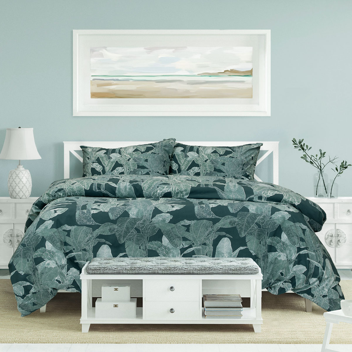 Ardor Indra Teal Palm Leaf Printed Quilt Cover Set Queen