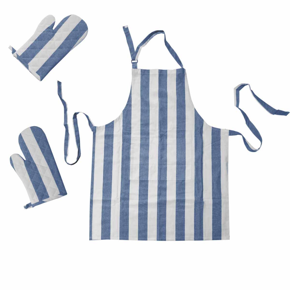 Rans Set of 3 Alfresco Stripe Cotton Apron & Oven Gloves Set Blue