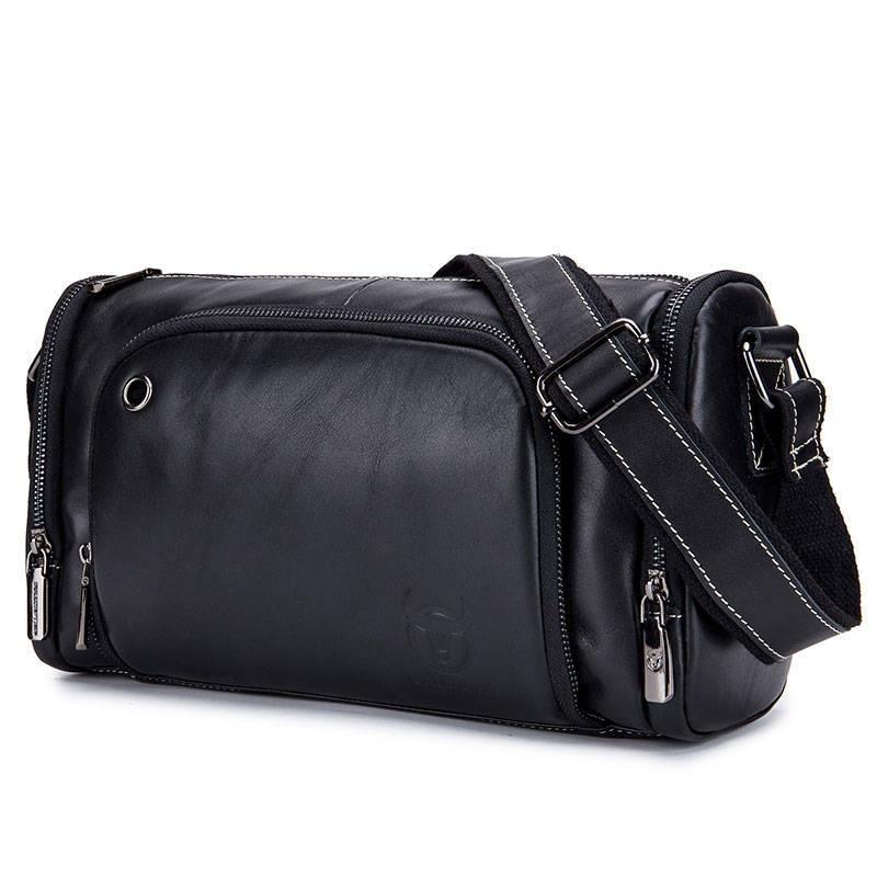 Black Cowhide Messenger Bag For Men Single Shoulder Sports Bag